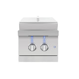 American Made Grills Encore Double Side Burner front view with lid closed and blue LED-lit knobs