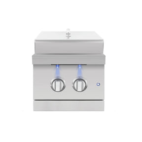 American Made Grills Encore Double Side Burner front view with lid closed and blue LED-lit knobs