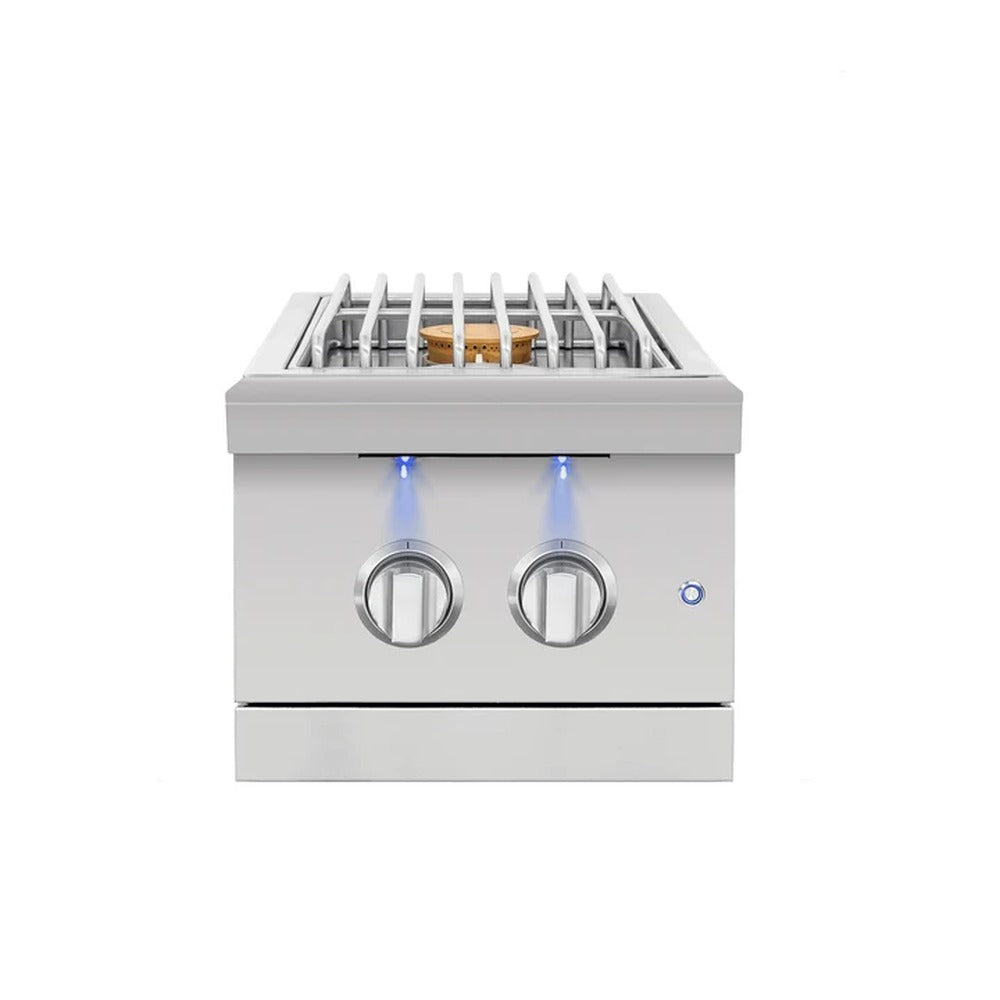American Made Grills Encore Double Side Burner front view with lid removed showing stainless steel grate and brass burner