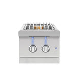 American Made Grills Encore Double Side Burner front view with lid removed showing stainless steel grate and brass burner
