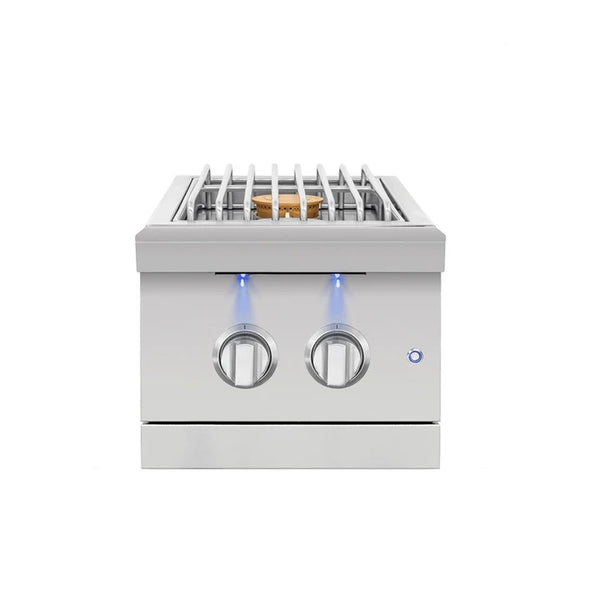 American Made Grills Encore Double Side Burner front view with lid removed showing stainless steel grate and brass burner