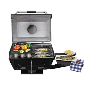 grilling fish and vegetables on the broilmaster c3 charcoal grill - close-up view