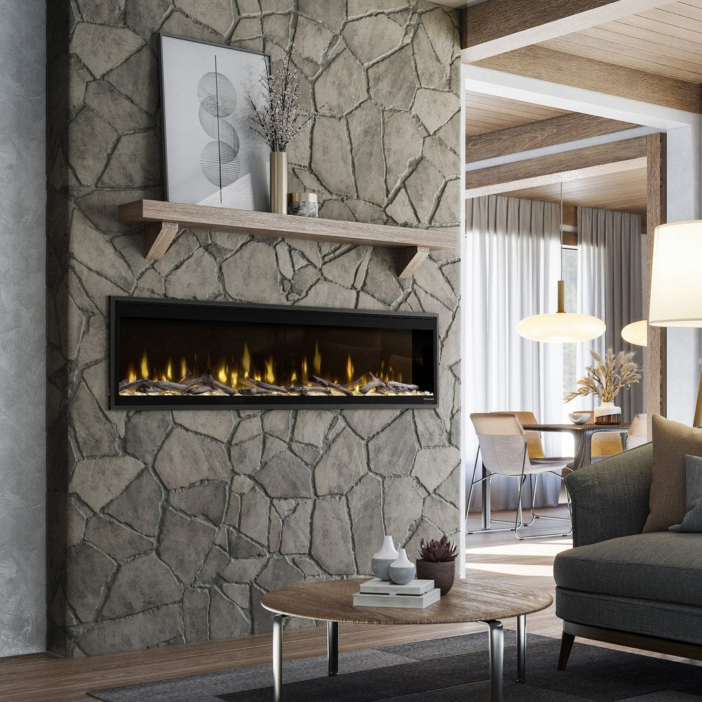 Dimplex Ignite Evolve 74-Inch Electric Fireplace in a Stone Feature Wall Living Room