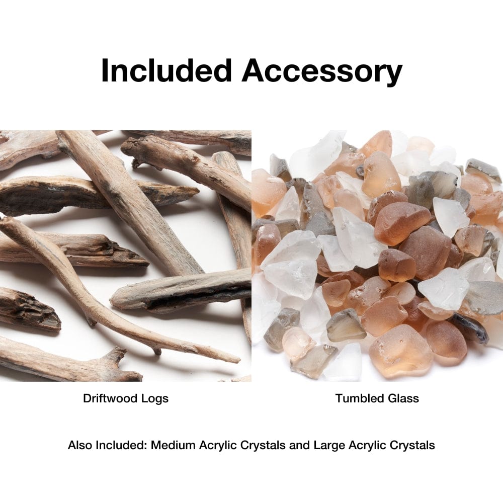 driftwood logs and tumbled glass