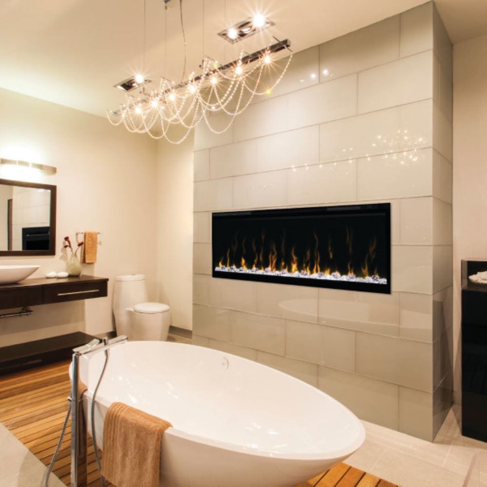 Dimplex IgniteXL 50-Inch Built-in Electric Fireplace in a bathroom