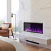 Dimplex Opti-Myst 46-Inch Linear Smart Vapor Fireplace on a marble wall with purple flames