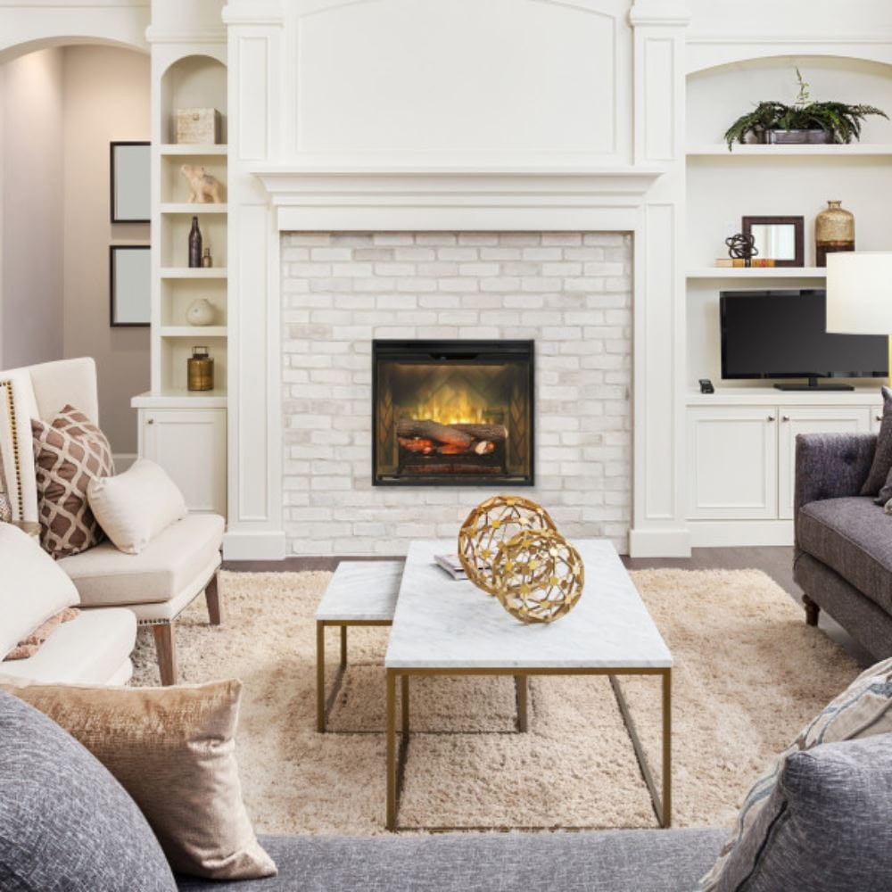 Dimplex Revillusion 24-Inch Built-in Electric Firebox on a white brick wall