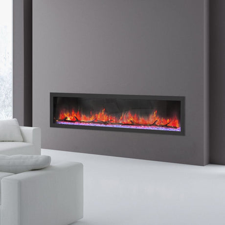 Dynasty Cascade 74-inch BTX74 Electric Fireplace built into a gray wall