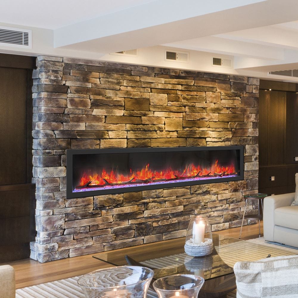 Dynasty Cascade 82-inch BTX82 Electric Fireplace on a brick wall