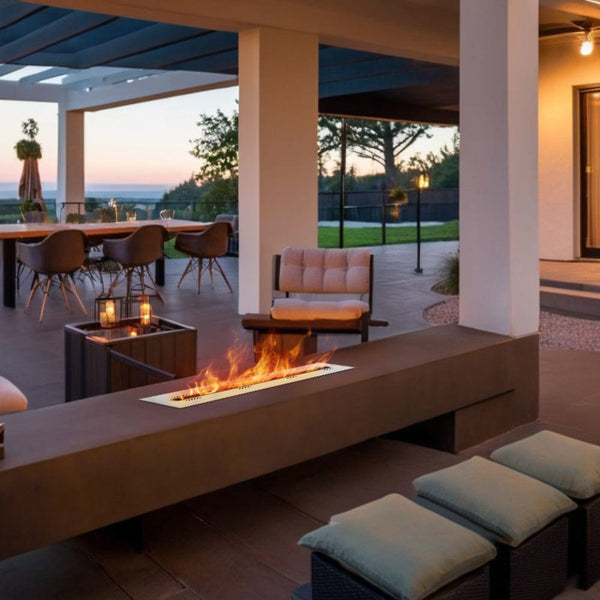 Eco-Feu 29-Inch Drop-in Indoor/Outdoor Ethanol Fireplace Burner under a pergola