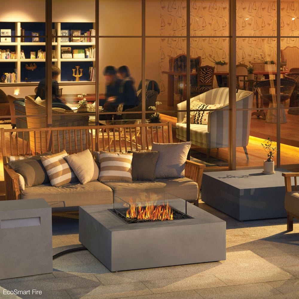 EcoSmart Fire Base 40-Inch Square Gray Fire Pit Table at a restaurant
