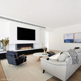 EcoSmart Fire Flex Bay 3-Sided Ethanol Firebox installed below the tv