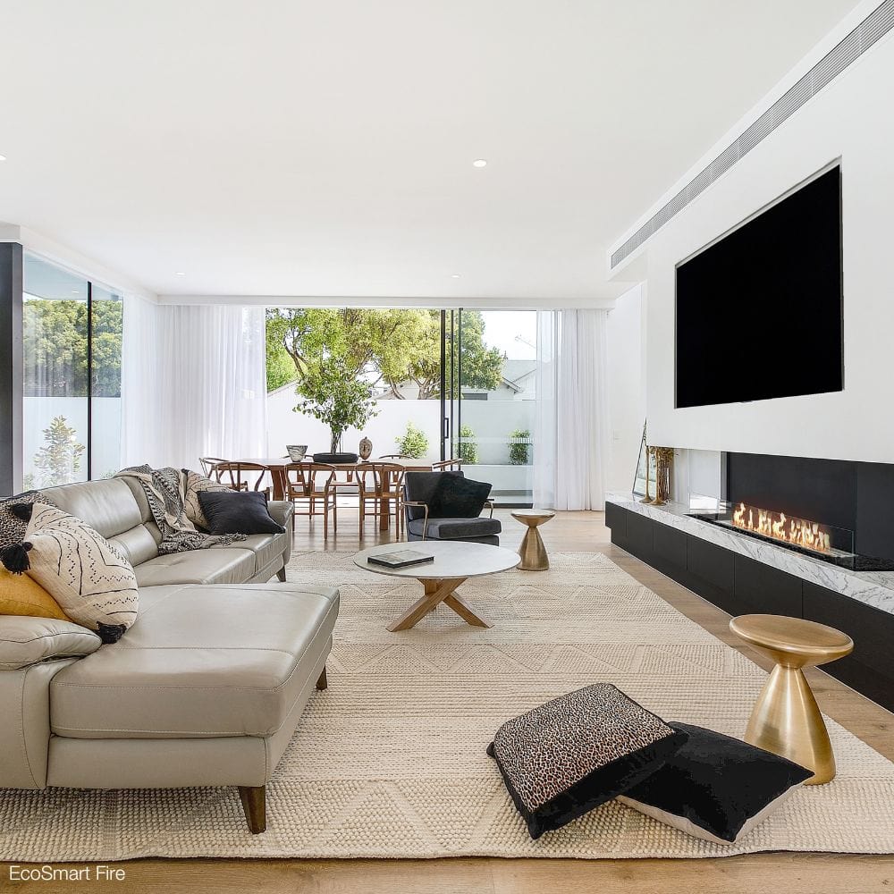 EcoSmart Fire Flex Bay 3-Sided Ethanol Firebox in an open living space