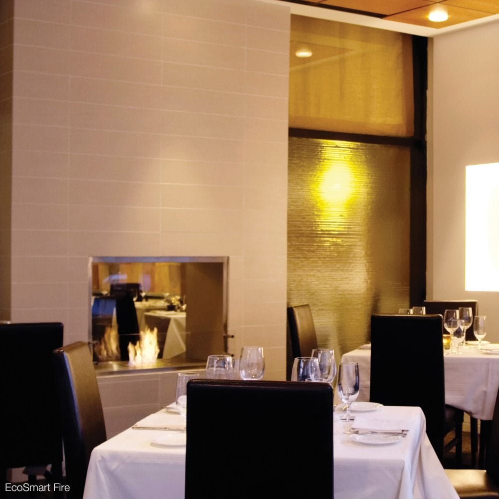 EcoSmart Fire Flex Double Sided Ethanol Firebox in a restaurant