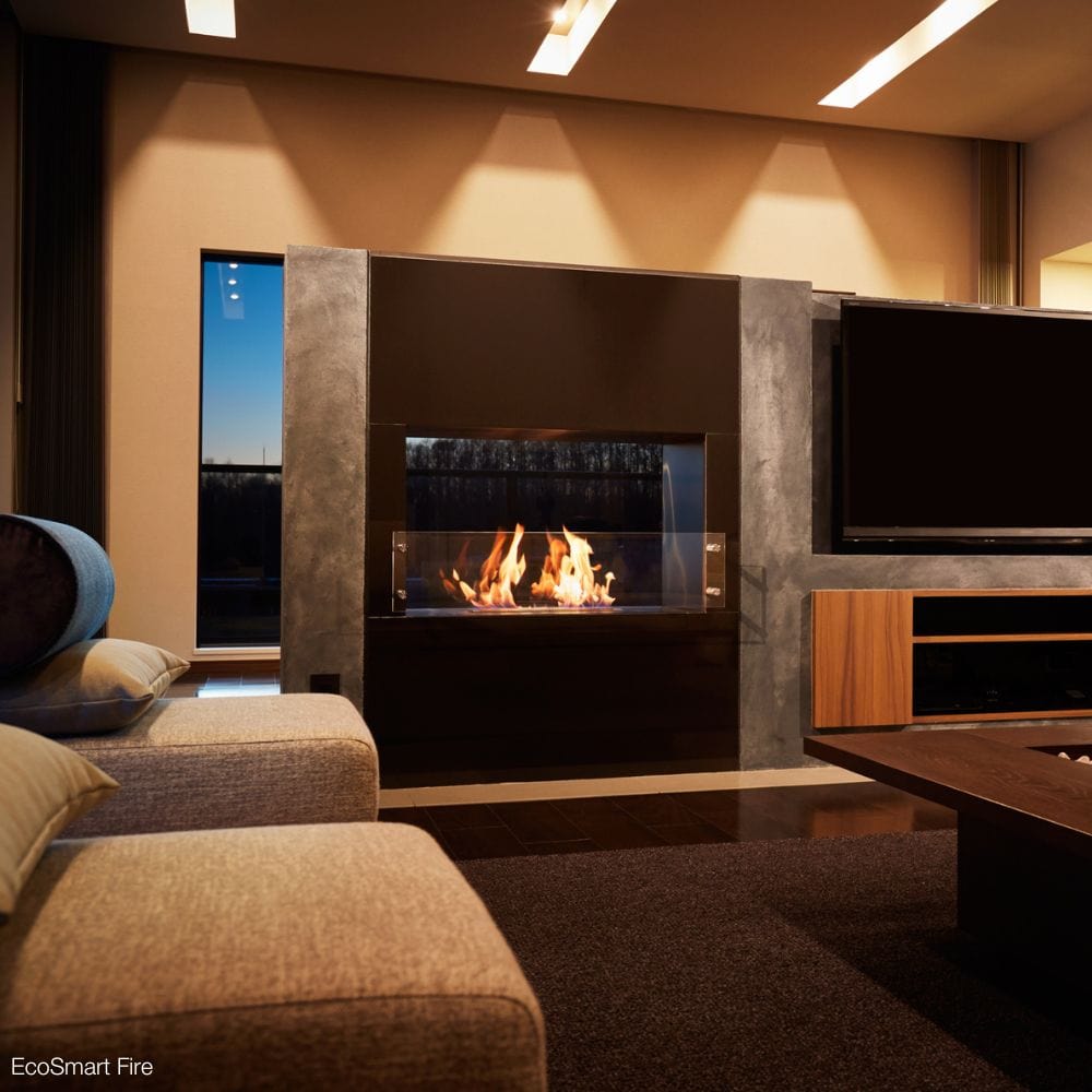 EcoSmart Fire Flex Double Sided Ethanol Firebox in a living room