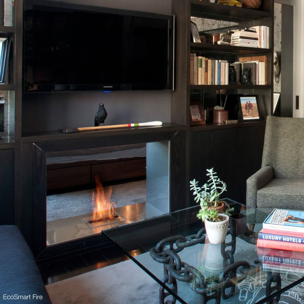 EcoSmart Fire Flex Double Sided Ethanol Firebox in a living room