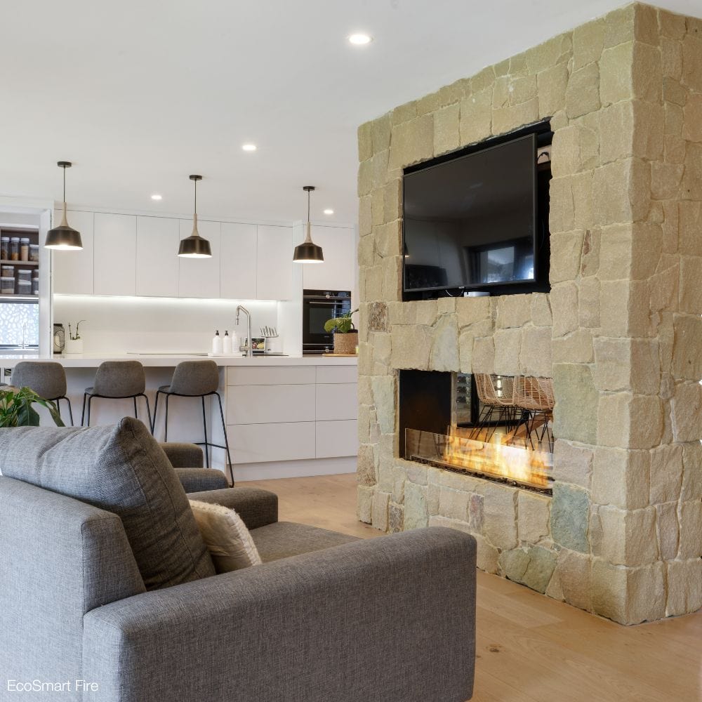 EcoSmart Fire Flex Double Sided Ethanol Firebox in a contemporary living space