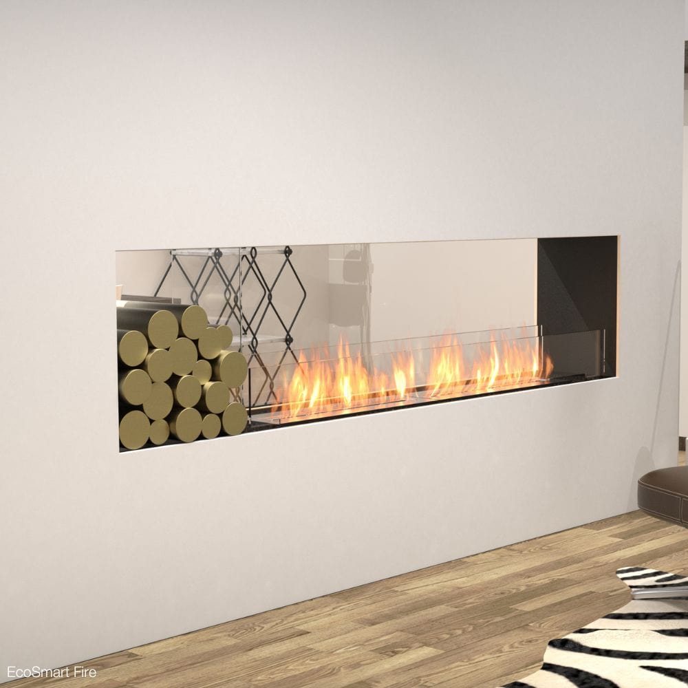 EcoSmart Fire Flex Double Sided Ethanol Firebox with Decorative Box in a living room