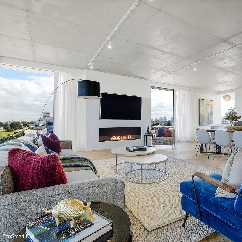 EcoSmart Fire Flex Single Sided Ethanol Firebox in a living room