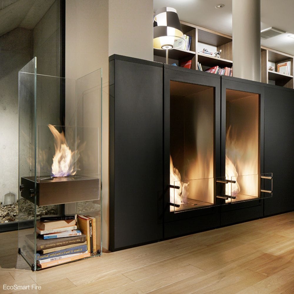 ecosmart fire ghost ethanol fireplace with books in its decorative box