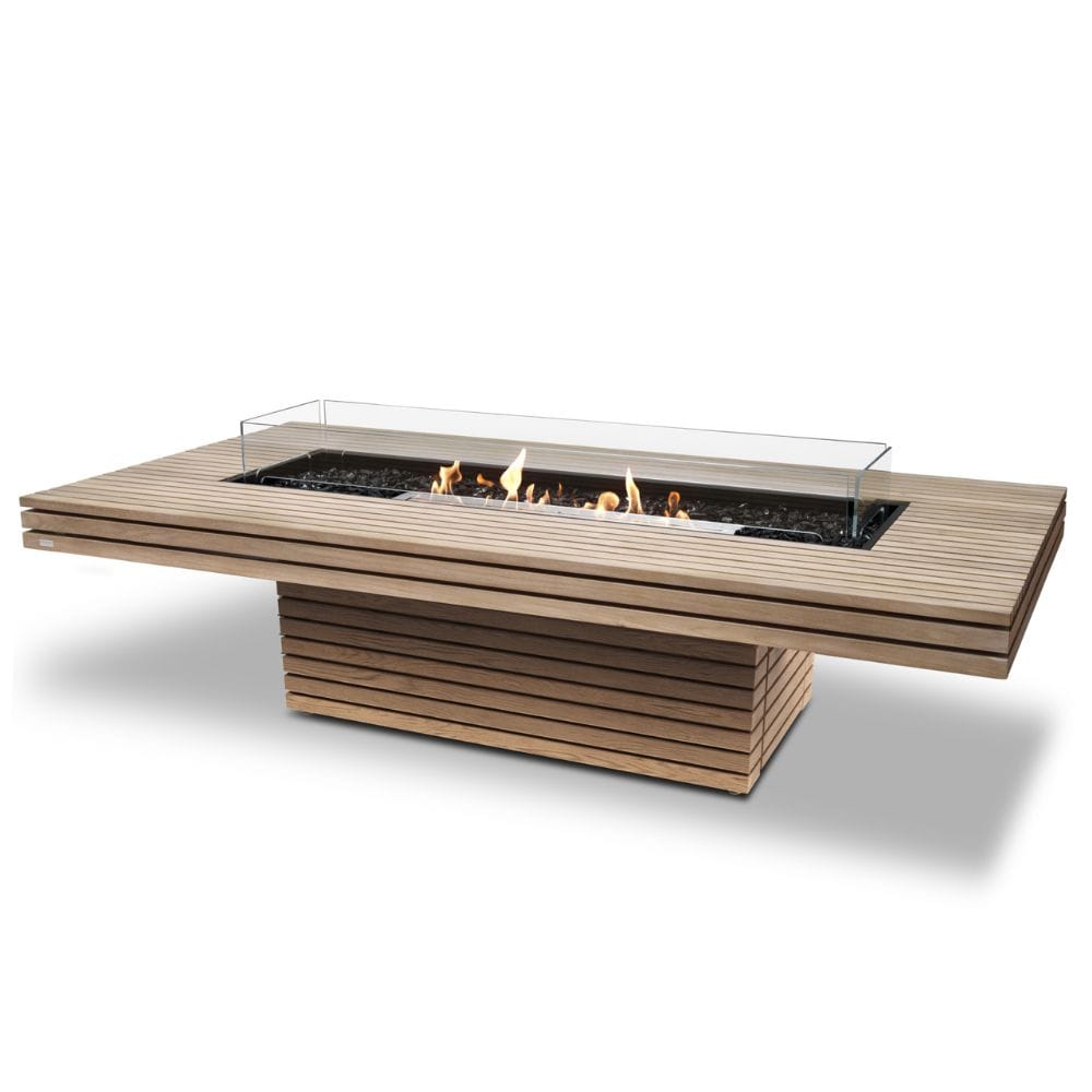 EcoSmart Fire Gin 90 Chat Height Rectangular Fire Pit Table in teak with ethanol burner