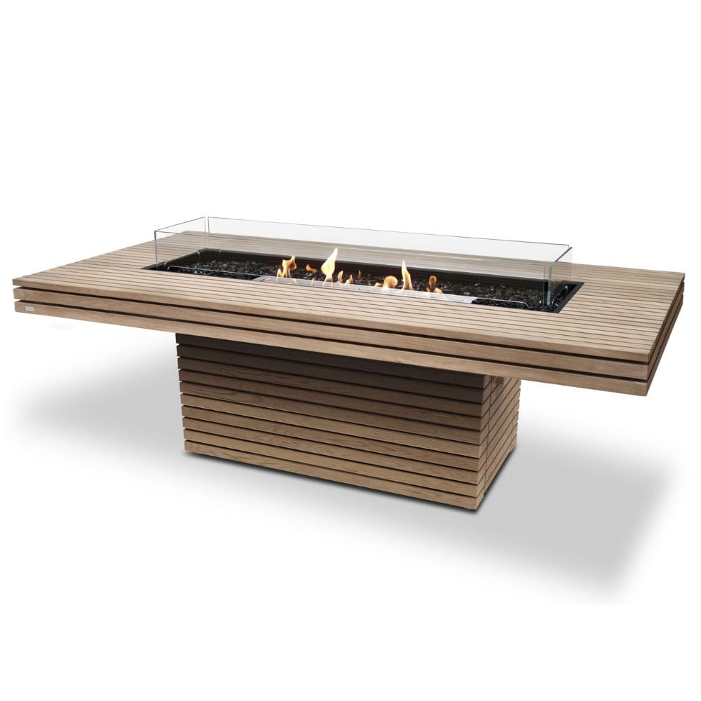 EcoSmart Fire Gin 90 Dining Height Fire Pit Table in teak with ethanol burner
