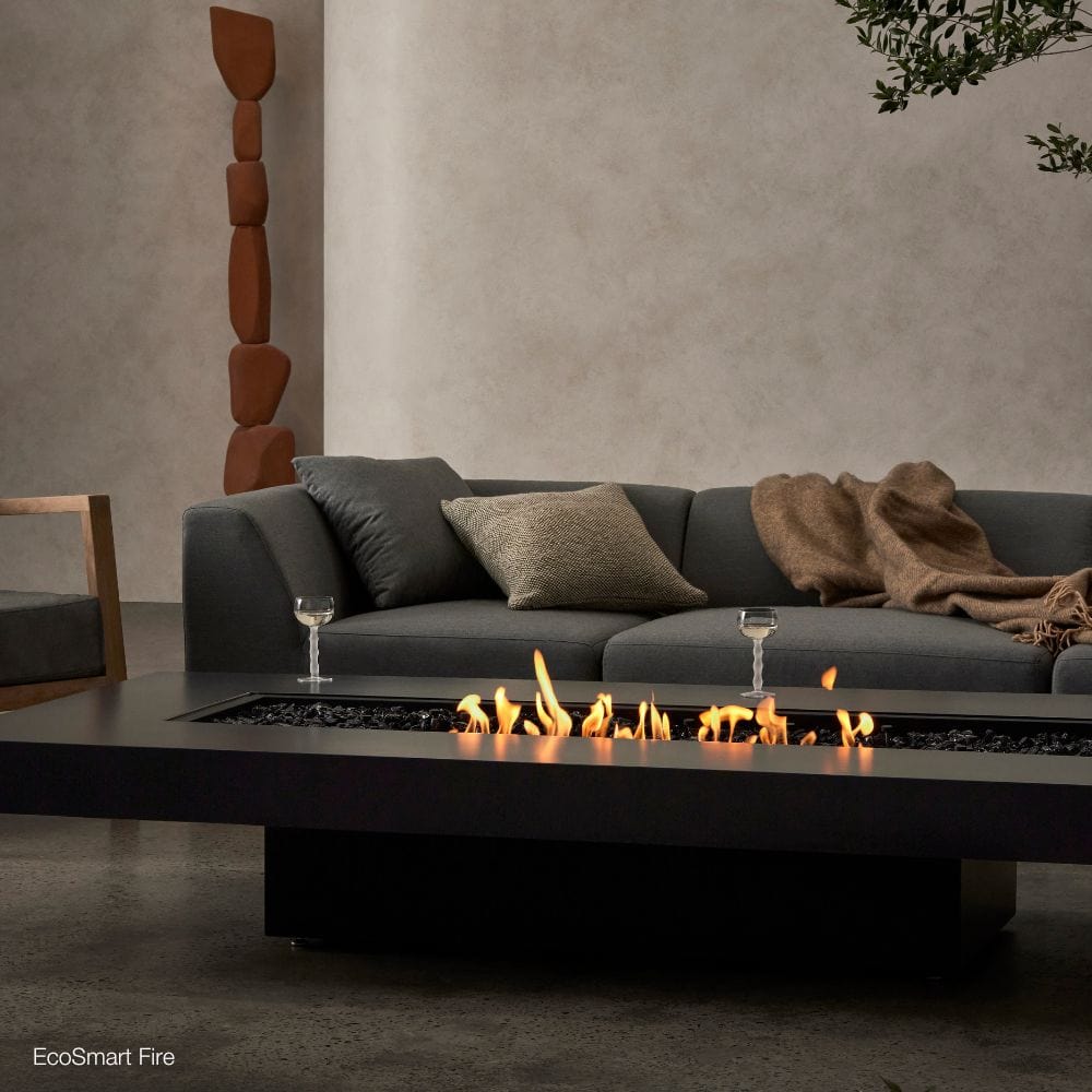 black ecosmart fire gin fire pit table in a living room with japanese motif