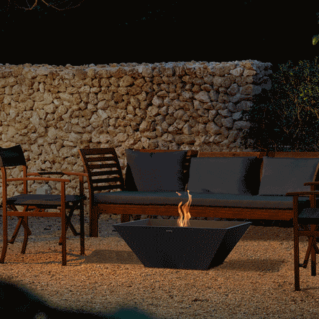 EcoSmart Fire Nova 850 33" Square Concrete Ethanol Fire Bowl Lit Up In Lounge Area with moving flame