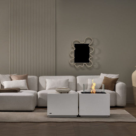 EcoSmart Fire Sidecar 24-Inch Square Fire Pit Table in Bone along with the Cube Side Table in the living room