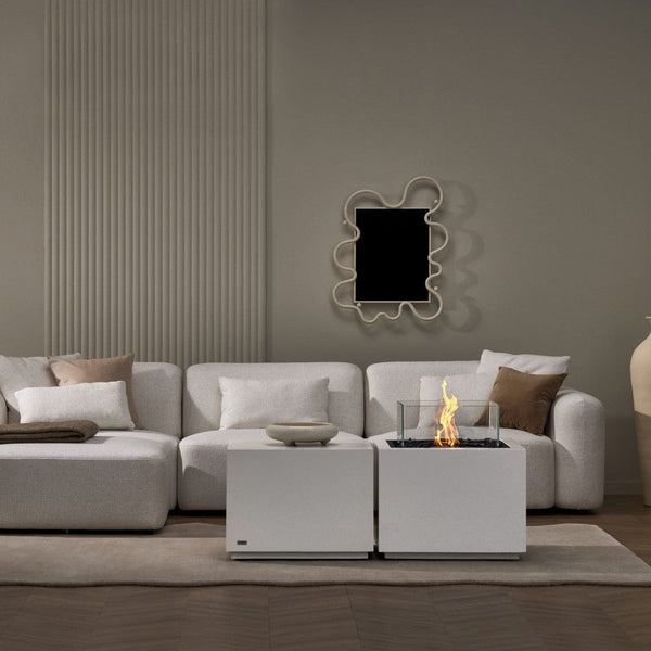 EcoSmart Fire Sidecar 24-Inch Square Fire Pit Table in Bone along with the Cube Side Table in the living room