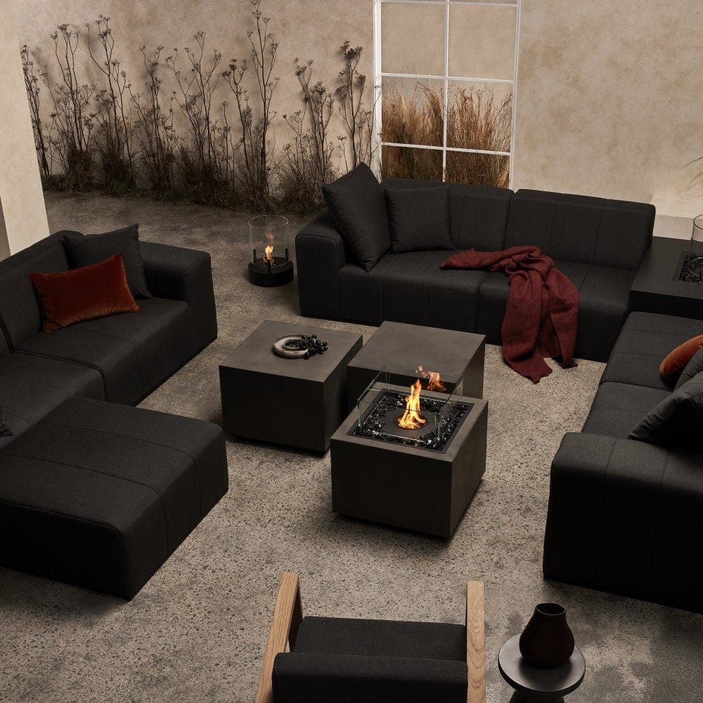 EcoSmart Fire Sidecar 24-Inch Square Fire Pit Table in Graphite, along with the Cube Side Table, provides an aerial view in the living room