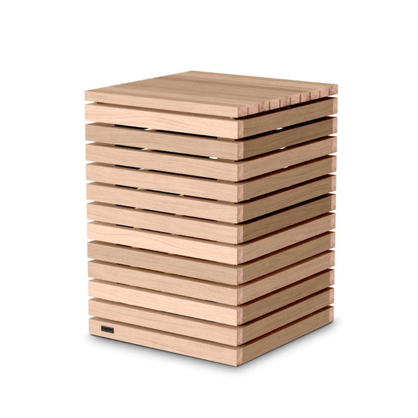 A wooden cube-shaped object with horizontal slats