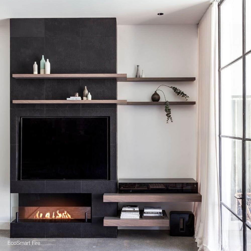 EcoSmart Fire XL700 Ethanol Fireplace Burner in a 2-sided fireplace