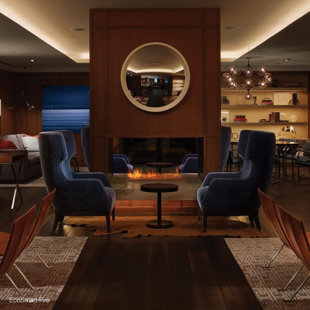 EcoSmart Fire XL700 Ethanol Fireplace Burner in a lobby