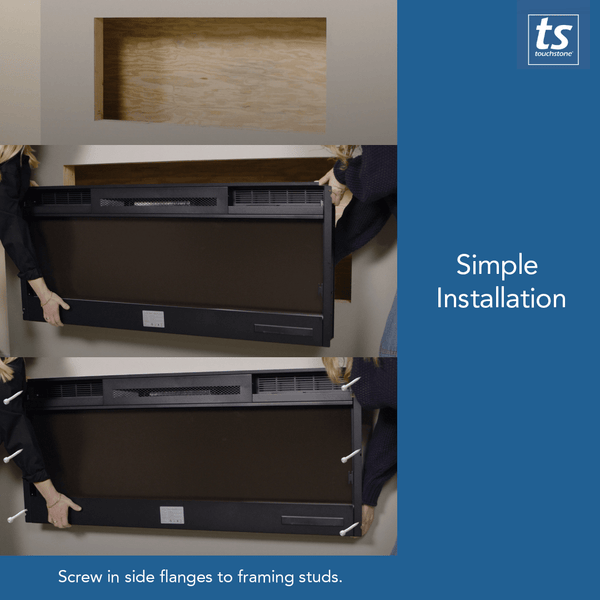 Installing a Touchstone Sideline 100 electric fireplace by screwing the side flanges to the framing studs