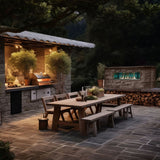 Firegear Kalea Bay Gas Fireplace with Green LED Lights in Outdoor Kitchen