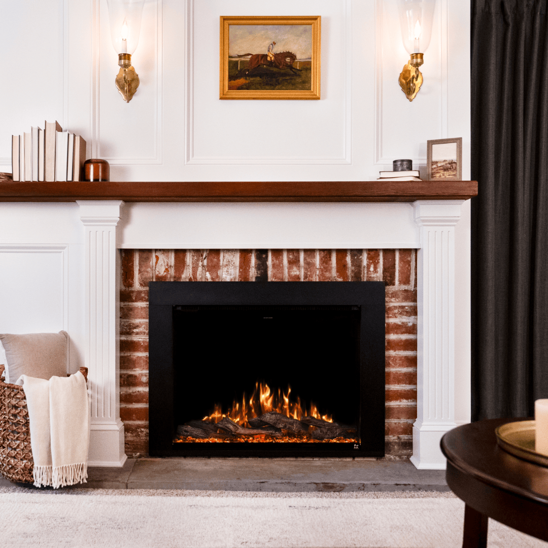 Touchstone Fireplug PRO electric fireplace insert with the driftwood log set, installed in a room