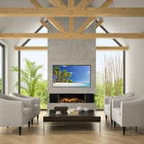 Flamerite E-FX 1000 3-Sided Built-In Electric Fireplace in a living room with high ceiling