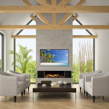 Flamerite E-FX 1000 3-Sided Built-In Electric Fireplace in a living room with high ceiling