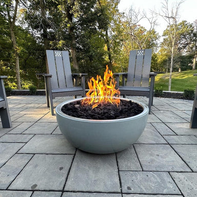HPC 35-Inch Aluminum Gas Fire Bowl with concrete finish as a patio centerpiece