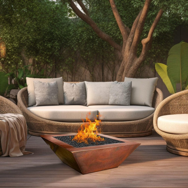 HPC 36-Inch Sierra Square Copper Gas Fire Bowl on a wooden deck