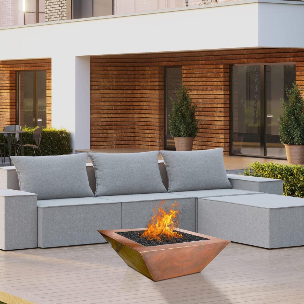 HPC 36-Inch Sierra Square Copper Gas Fire Bowl on a modern patio