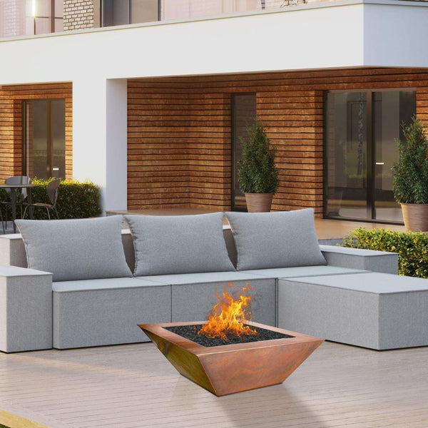 HPC 36-Inch Sierra Square Copper Gas Fire Bowl on a modern patio