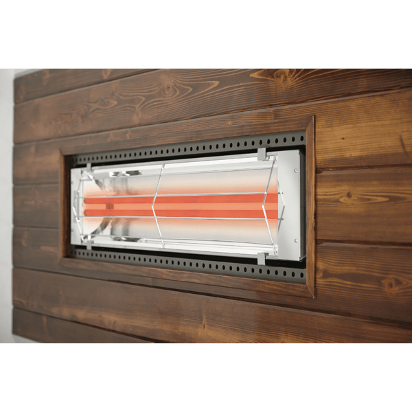 Infratech Heater flush mounted on wood ceiling - close-up view