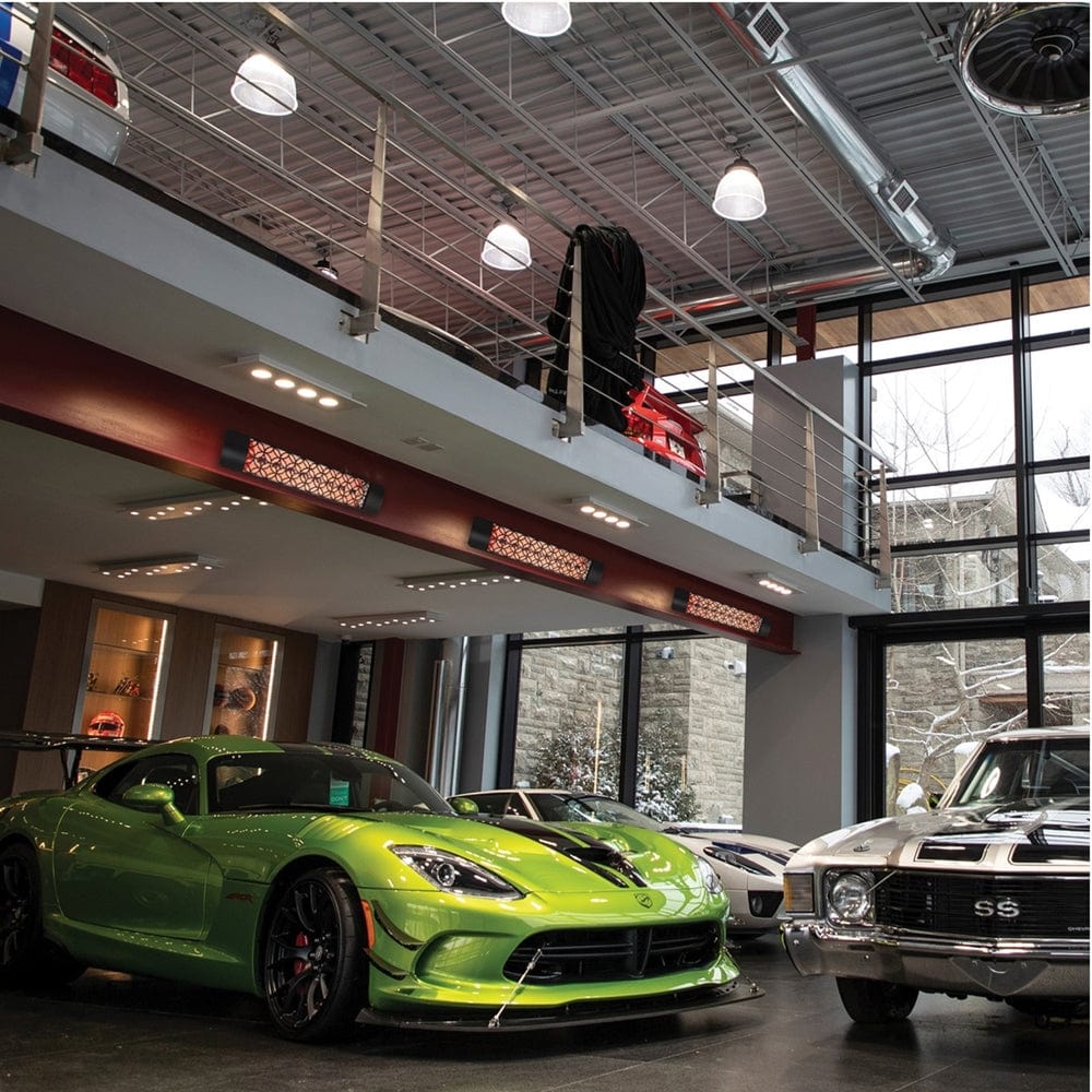 Eurofase 4000W 39-Inch Dual Element Infrared Electric Heaters in a car dealership