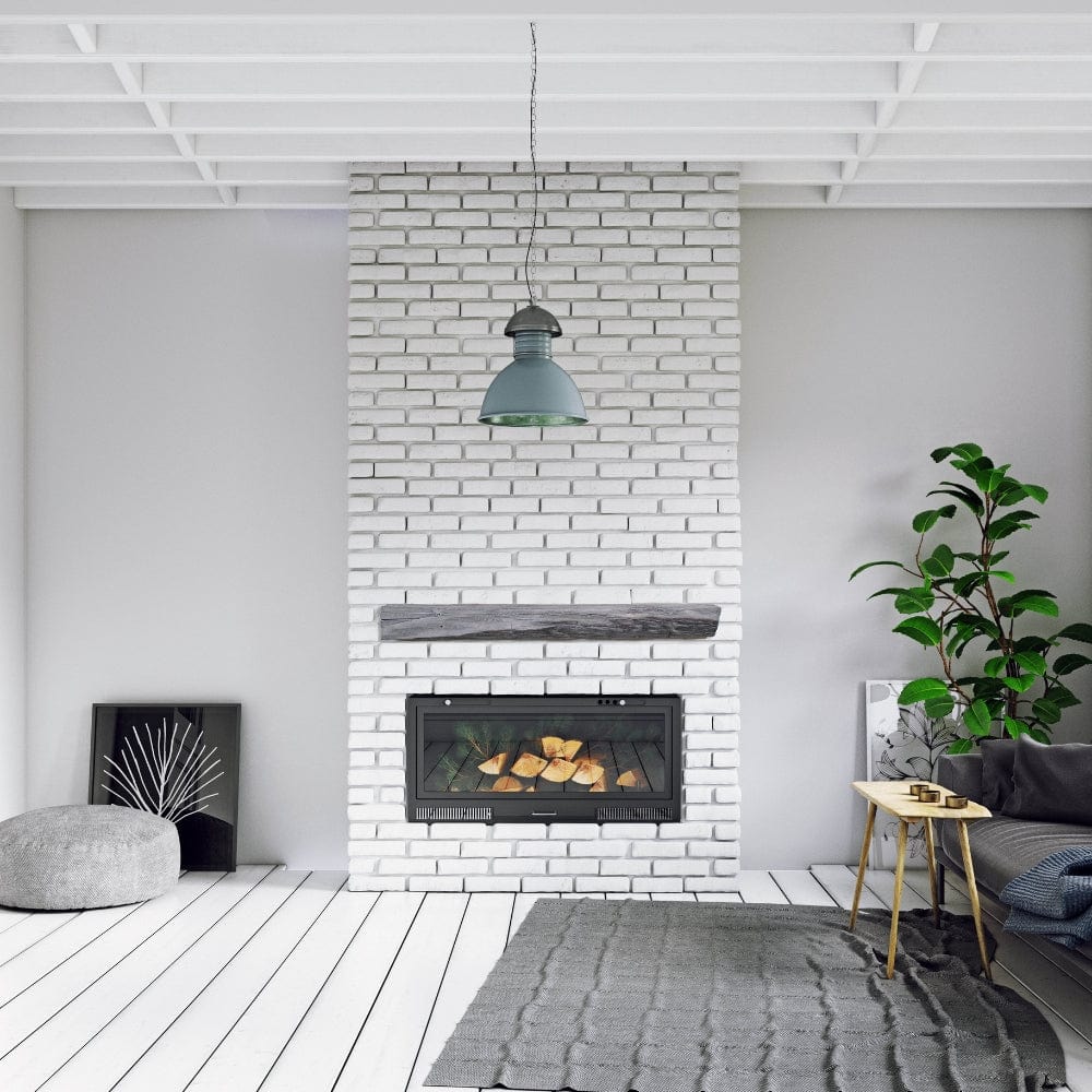 Lexington Hearth Cabin Pine Weathered Gray Mantel in a contemporary living space