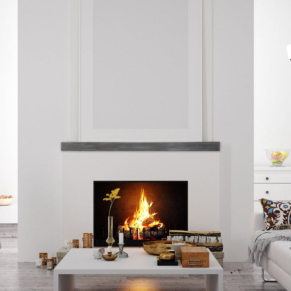 Lexington Hearth Flat Sawn Beam Gray Concrete Mantel in an all white living room