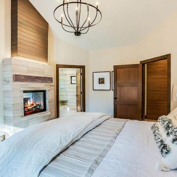 Lexington Hearth Grist Mill Concrete Faux Wood Mantel Shelf in a bedroom