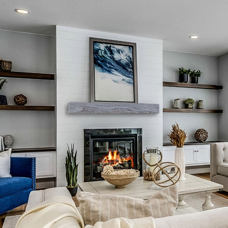 Lexington Hearth Rickhouse Gray Faux Wood Mantel in a modern farmhouse Shelf