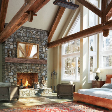 Lexington Hearth Tobacco Barn Faux Wood Mantel in a mountain lodge inspired bedroom